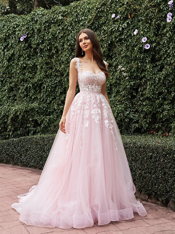 Wholesale A-Line/Princess Tulle Applique Straps Sleeveless Sweep/Brush Train Wedding Dresses